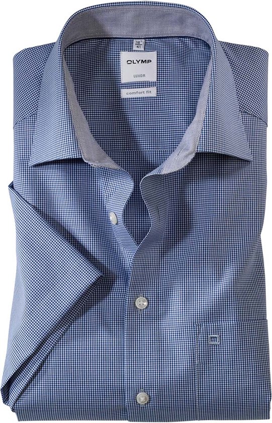 OLYMP Luxor comfort fit overhemd - korte mouw - donkerblauw met wit geruit (contrast) - Strijkvrij - Boordmaat: 48