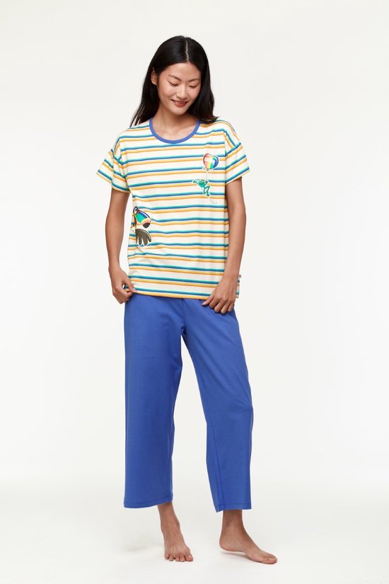 Woody pyjama meisjes/dames - multicolor gestreept - toekan - 231-1-BSK-S/908 - maat S