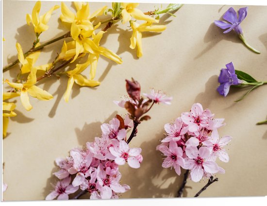 PVC Schuimplaat - Geel, Roze en Paarse Bloemen in Verschillende Soorten - 80x60 cm Foto op PVC Schuimplaat (Met Ophangsysteem)