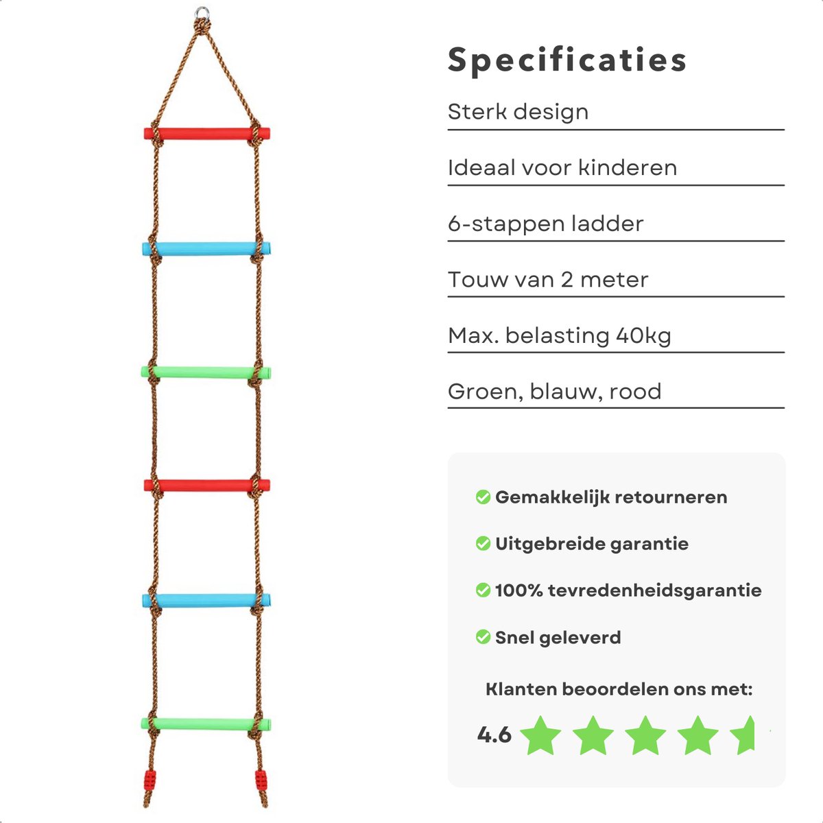Cheqo® Klimladder - Touwladder - Ladder voor Kinderen - 2m Touw - 6 ...