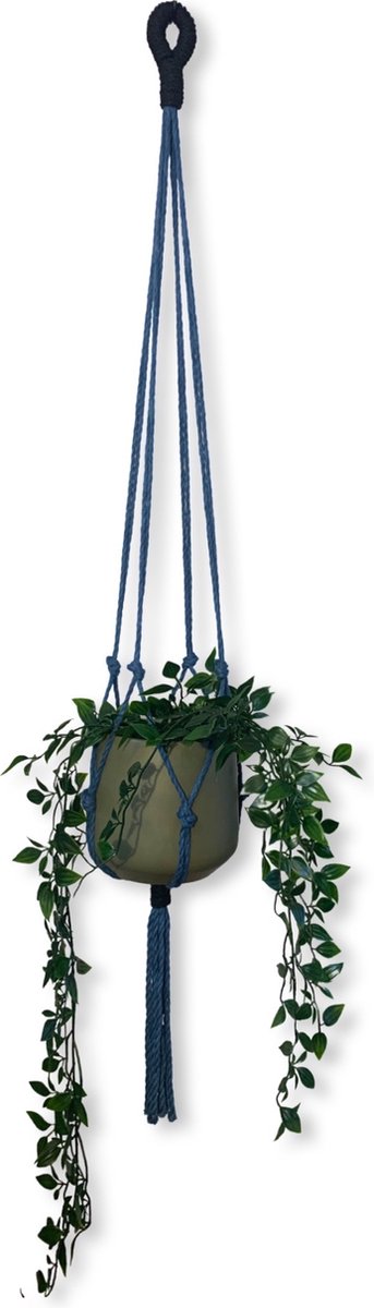 Plantenhanger 'Wacky' Blauw/Zwart - 100 cm lang - Katoenkoord - Geschikt voor Pot met Diameter t/m 20 cm - Handgemaakt in ons Macramé Atelier - Prijs per Stuk - Let op: Exclusief Pot - Inclusief Verzendkosten