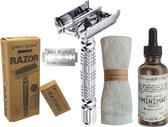 green-goose® Scheerpakket | Safety Razor Klassiek Scheermes | Zilver Vlindersluiting | Biologische Scheerolie | Bamboe Doekje | 10 Scheermesjes | Duurzaam Cadeau!