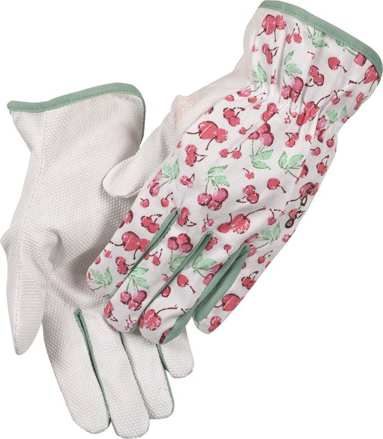 Witte tuinhandschoenen met een patroon van rode kersen en groene blaadjes, en groene randen.