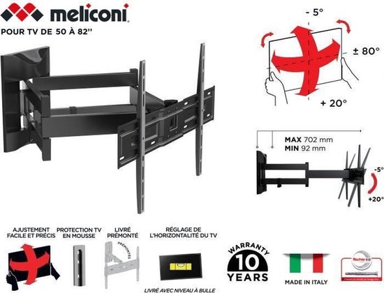 Meliconi - Slimstyle Plus 600SDRP Plus, muurbeugel rotatable voor 50-82'' tv, zwart