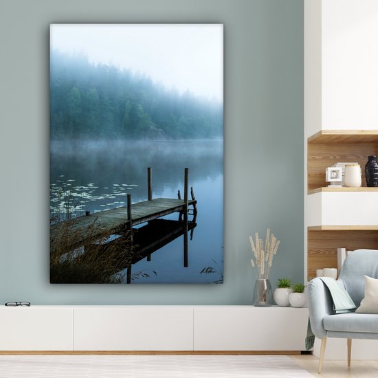 Peinture sur toile - Nature - Lac - Forêt - Brouillard - Photo sur toile - 120x180 cm - Canvasdoek - Décoration murale salon