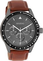 OOZOO Timepieces - Donker grijze horloge met bruine leren band - C11112