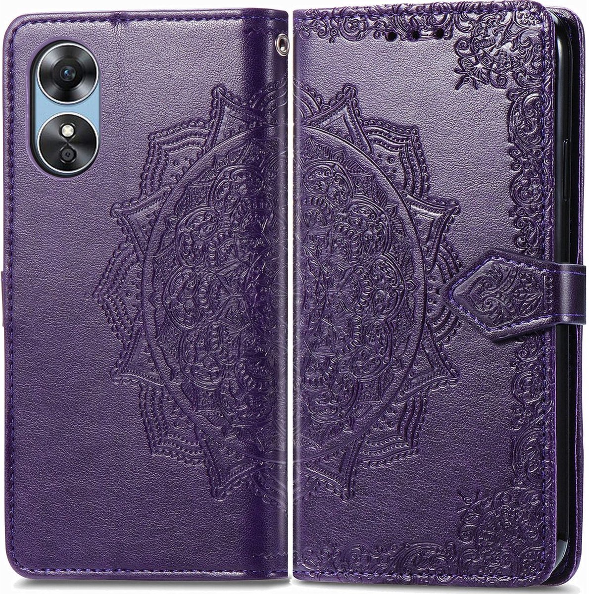 Mobigear Telefoonhoesje geschikt voor OPPO A17 Hoesje | Mobigear Mandala Bookcase Portemonnee | Pasjeshouder voor 3 Pasjes | Telefoonhoesje voor Pinpas / OV Kaart / Rijbewijs - Paars