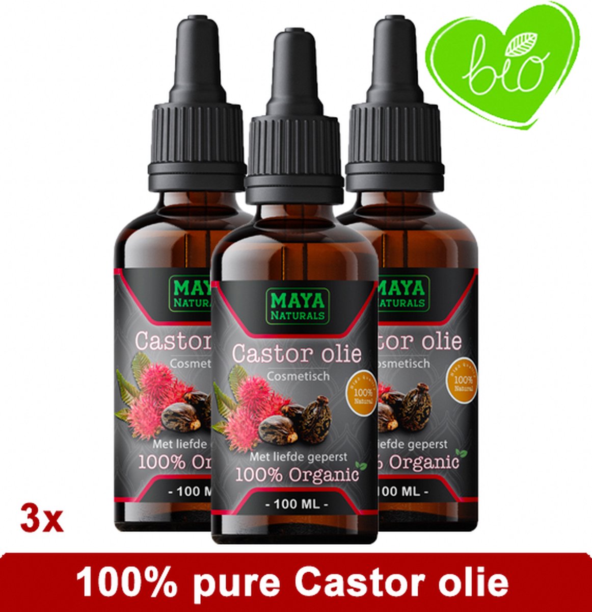 Natuurlijke Castor olie 3x 100ml | 100% Puur & Onbewerkt EU Bio keurmerk | Castor oil | castor olie wimpers & haar |