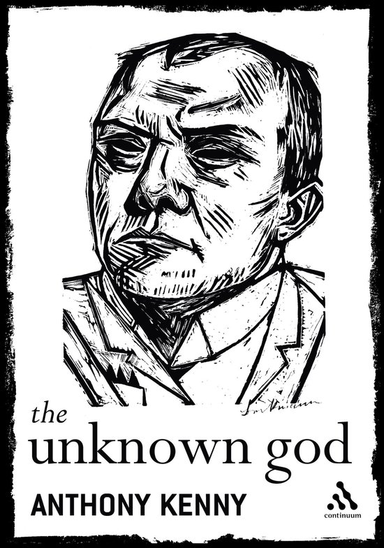 Houtsnede van een man met strenge gelaatstrekken, met de tekst "the unknown god ANTHONY KENNY".