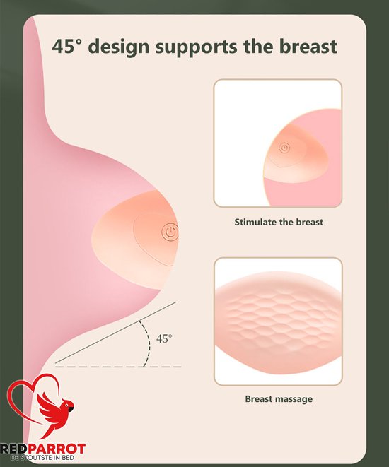 Illustratie van borststimulatie met 45° hoek. Toont stimulatie en massage van de borst met het product.