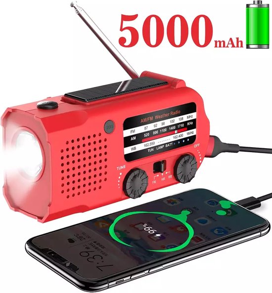 Solar Opwindbare Noodradio - Draagbare Radio Opwindbaar met Powerbank en Zaklamp - Dynamo SOS Radio Noodpakket 5000 mAh