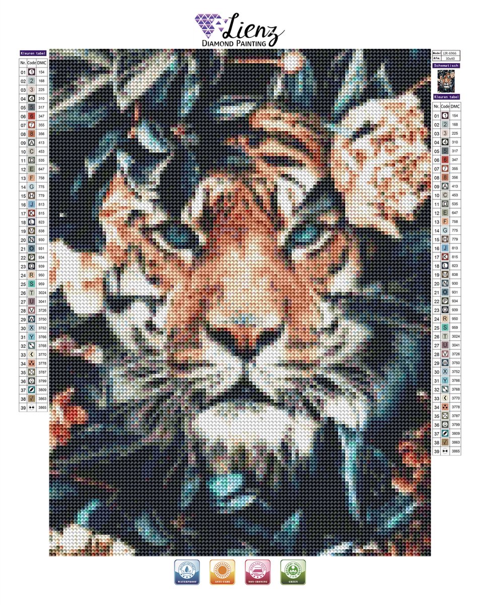 Lienz® Diamond Painting volwassenen 30x40cm – Rond – Tijger – Bloemen – Natuur – Pakket Volwassenen — afbeelding 2