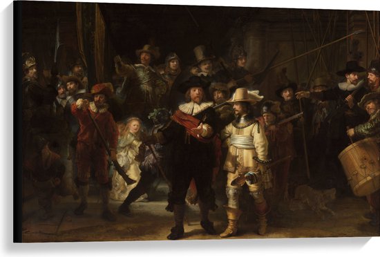 Canvas - De Nachtwacht, Rembrandt van Rijn, 1642 - Oude Meesters - 90x60 cm Foto op Canvas Schilderij (Wanddecoratie op Canvas)