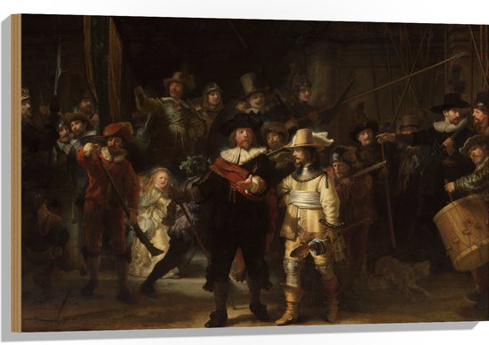 Hout - De Nachtwacht, Rembrandt van Rijn, 1642 - Oude Meesters - 90x60 cm - 9 mm dik - Foto op Hout (Met Ophangsysteem)