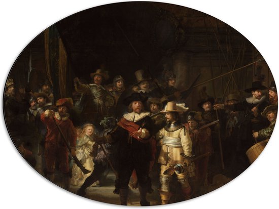 Dibond Ovaal - De Nachtwacht, Rembrandt van Rijn, 1642 - Oude Meesters - 80x60 cm Foto op Ovaal (Met Ophangsysteem)