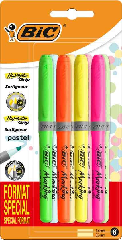 BIC Highlighter Grip Markeerstiften met Schuine Punt - Neon- en Pastelkleuren - 8 Stuks - BIC