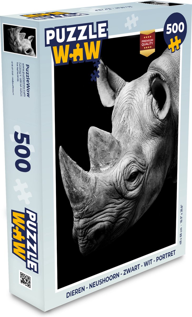 Puzzel Dieren - Neushoorn - Zwart - Wit - Portret - Legpuzzel - Puzzel 500 stukjes