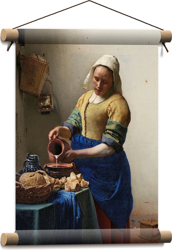 Textielposter - Het melkmeisje, Johannes Vermeer, ca. 1660 - 30x40 cm Foto op Textiel