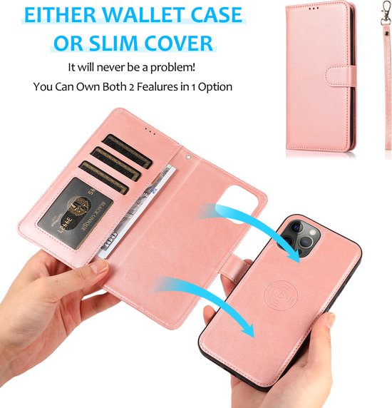 Perfeqt geschikt voor iPhone 14 Pro Max Uitneembare leer BookCase Hoesje - Rose Gold