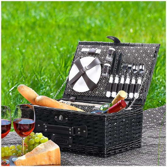 Rieten picknickmand met deksel & koelvak - 4 personen - Picknickkleed - 40x29x20 cm - 12-delig bestekset - Podec