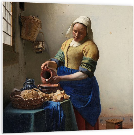PVC Schuimplaat - Het melkmeisje, Johannes Vermeer, ca. 1660 - 100x100 cm Foto op PVC Schuimplaat (Met Ophangsysteem)