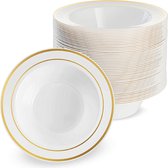 MATANA 25 Witte Plastic Kommen met Gouden Rand (360 ml) voor Bruiloften, Verjaardagen, Doopfeesten, Kerstmis en Feesten - Stevig en Herbruikbaar