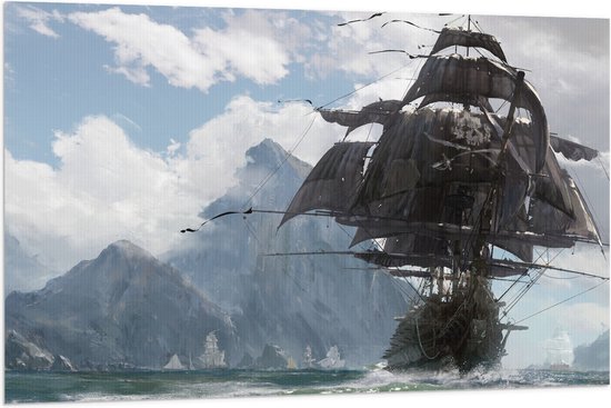 WallClassics - Drapeau - Montagnes avec bateau pirate - 120 x 80 cm Photo sur drapeau en polyester