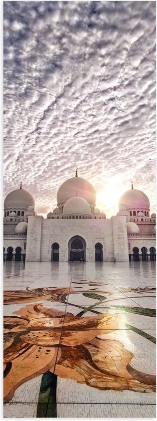 WallClassics - Poster Glanzend – Moskee in Abu Dhabi - Sjeik Zayed Moskee - 30x90 cm Foto op Posterpapier met Glanzende Afwerking