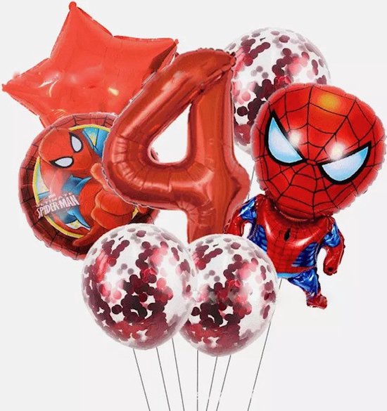 Spiderman ballon - 4 jaar - 7 Stuks - Marvel Avengers - Feestversiering - Kinderfeestje - Verjaardagsfeest Spider man - Helium / Folie Ballon - Blauwe Ballon - Rode Ballon - Happy Birthday