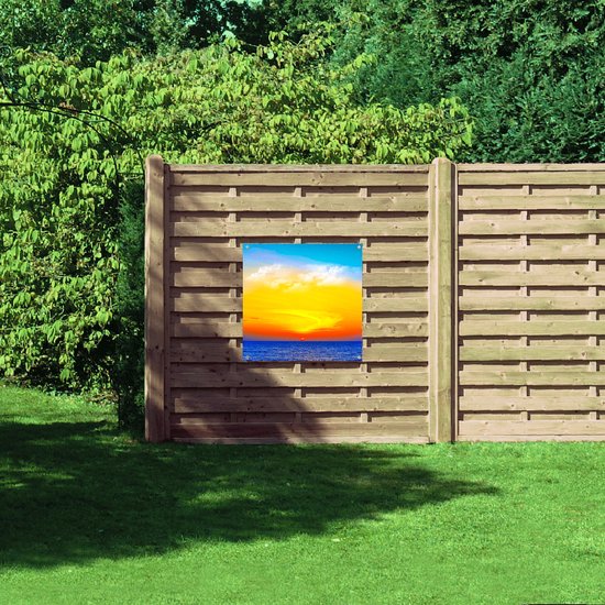 Tuinposter – Zon verdwijnend achter de Zee met Felkleurige Lucht - 80x80 cm Foto op Tuinposter (wanddecoratie voor buiten en binnen)