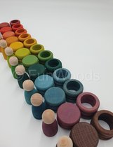 Houten munten, ringen en poppetjes - 84 stuks - Regenboogkleuren - Open einde speelgoed - Educatief montessori speelgoed - Grapat style