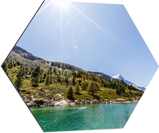 Dibond Hexagon - Zon boven Rivier in Zwitsers Landschap - 80x69.6 cm Foto op Hexagon (Met Ophangsysteem)