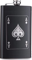 Zwarte RVS heupfles Ace of Spades Speelkaart - Poker Kaart - 354 ml / 12oz - Veldfles zwart - Platvink - Zakflacon - Heupflacon zwart - Drankfles - Drankflacon - Zakfles - Schoppen Aas - Playing card