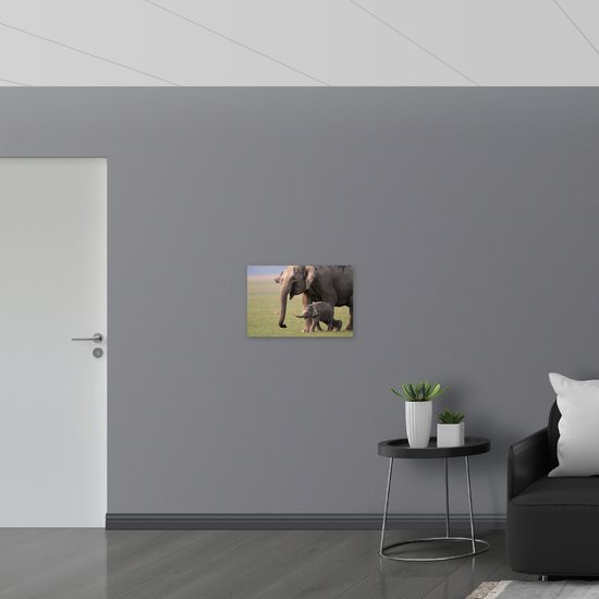 PVC Schuimplaat- Blije Olifanten Moeder met Jong in Grasveld - 60x40 cm Foto op PVC Schuimplaat