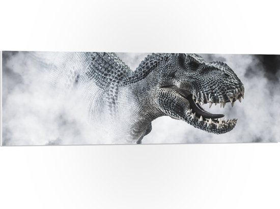 PVC Schuimplaat - Gevaarlijke T-rex Dinosauris in de Mist (Zwart- wit) - 120x40 cm Foto op PVC Schuimplaat (Met Ophangsysteem)