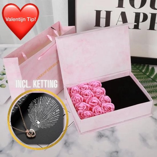 Luxe Rozen Giftbox - Met Geur Rozen en Inclusief I Love You Ketting - Marmere Look - Bloemen doos - Valentijnsdag - Zeep Rozen - Cadeautje voor vrouw - Valentijn Geschenkset (VALENTIJN TIP!)