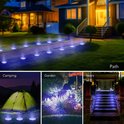Collage van zonnegrondspots gebruikt op een pad, bij camping, in tuin en op trappen.