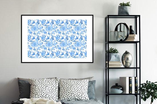 Poster in lijst - Fotolijst 120x80 cm - Posters - Bloemen - Patroon - Blauw - Posterlijst zwart - Decoratie - Wanddecoratie woonkamer - Muurdecoratie slaapkamer
