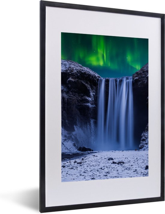 Fotolijst incl. Poster - Noorderlicht - Waterval - Sneeuw - IJsland - 40x60 cm - Posterlijst