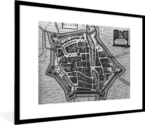 Cadre photo avec affiche Zwart Wit- Plan de la ville - Dokkum - Zwart Wit - 80x60 cm - Cadre pour affiche