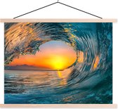 Posterhanger incl. Poster 120x90 cm - Schoolplaat - Zonsondergang - Water - Golf - Oranje - Textielposter - Blanke latten