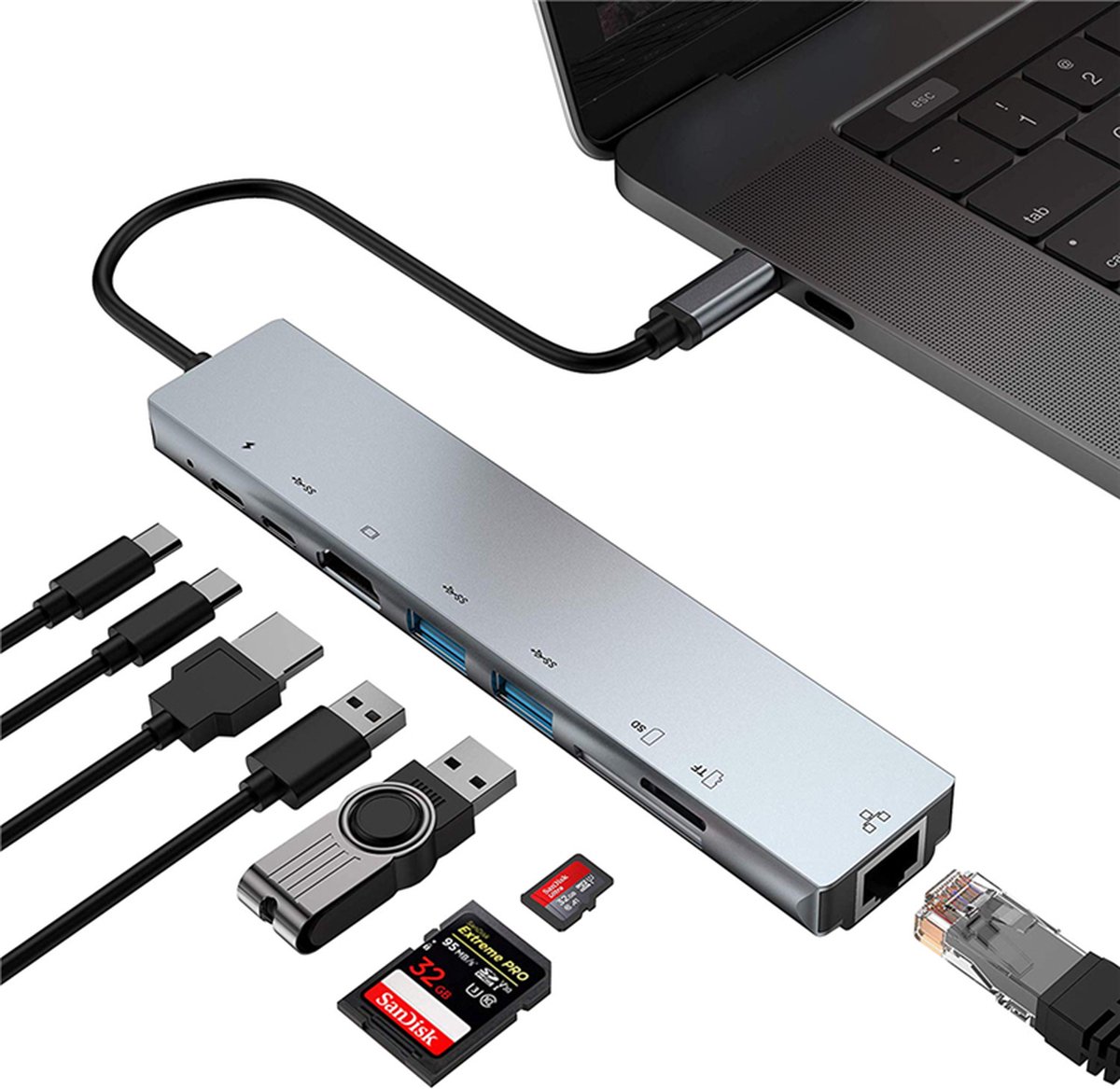 Bakeey 8 in 1 USB-C Docking station - met 2* 4K HDMI - USB3.0 - USB C PD-poortC PD - SD / TF-kaartlezer - Snelle ethernet RJ45 - grijs