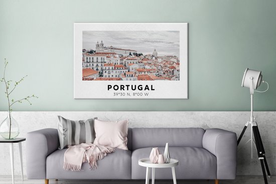 Tableau Peinture Portugal - Europe - Rouge - Skyline - 140x90 cm - Décoration murale