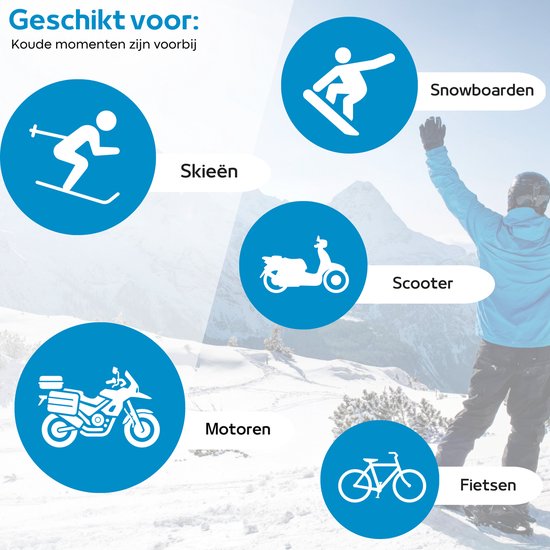 Een persoon met skiuitrusting op de achtergrond. Iconen tonen skiën, snowboarden, scooter, motor, fietsen. "Geschikt voor: Koude momenten zijn voorbij".