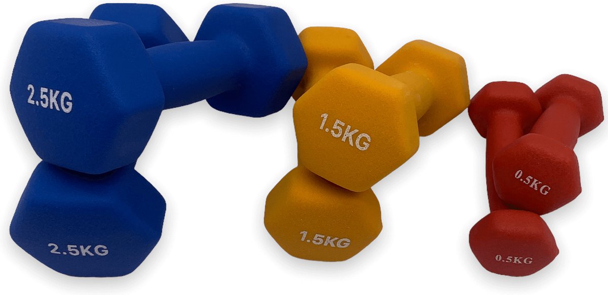 dumbells - Neopreen set 0,5 - 1,5 en 2,5 kg - dumbellset - fitness gewicht - rood, oranje en blauw
