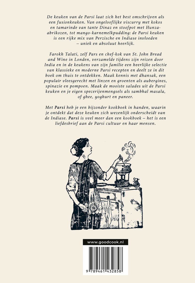Illustratie van een Parsi-vrouw in traditionele kleding bij een kookfornuis met pannen.