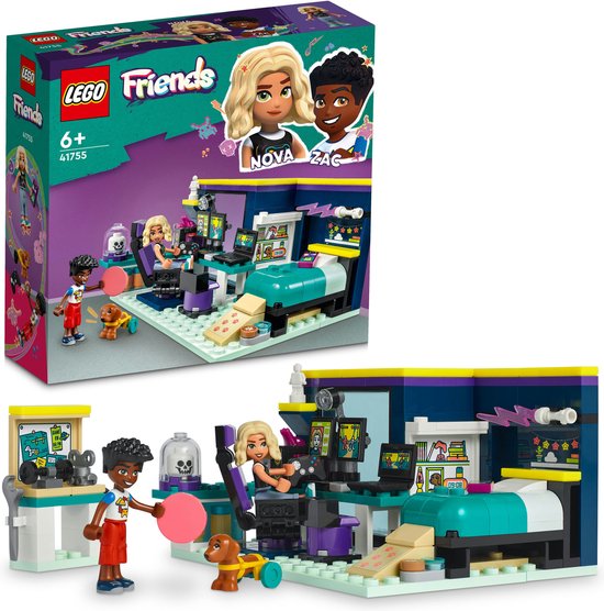De LEGO Friends Nova's kamer speelset (41755) met poppetjes, hondje, bed, computer en gamestoel, naast de doos.