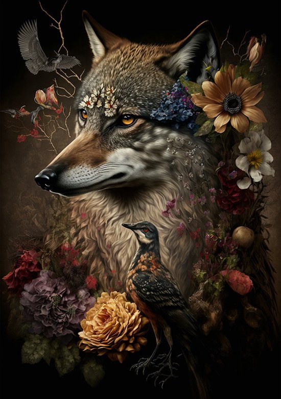 Wolf met bloemen - alu-dibond schilderij - 80 x 120 cm