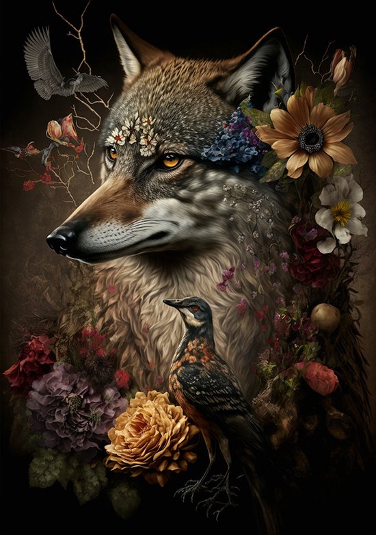 Wolf met bloemen poster - 100 x 140 cm