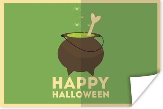 Poster 'Happy Halloween' en een heksenketel en bot op een groene achtergrond - 120x80 cm